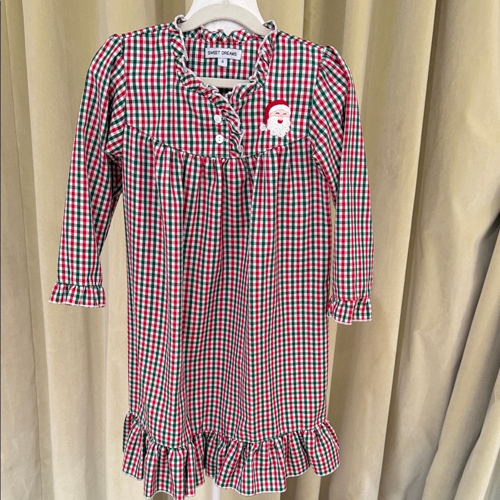 Sweet Dreams - Girls Santa Embroidered Red and Green Gingham Nightgown - Size:6Y